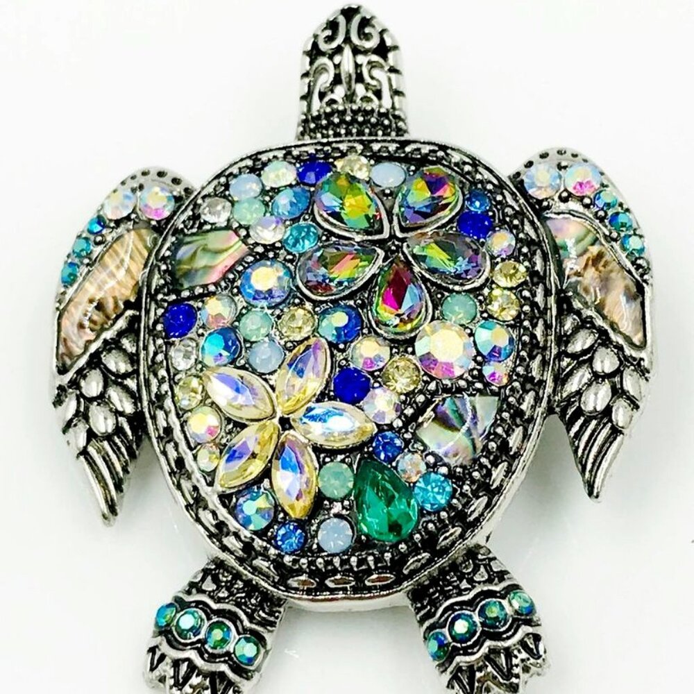 MULTICOLORED SEA TURTLE BROOCH RHINESTONE SILVERTONE SILVER TONE